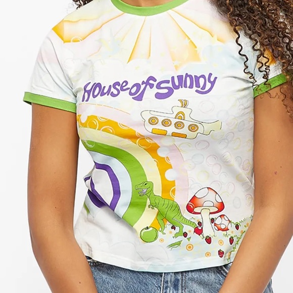 NWT House of Sunny Cropped Tee Mushroom Peace Unicorn Submarine Stars Bubble Sun - Picture 7 of 9